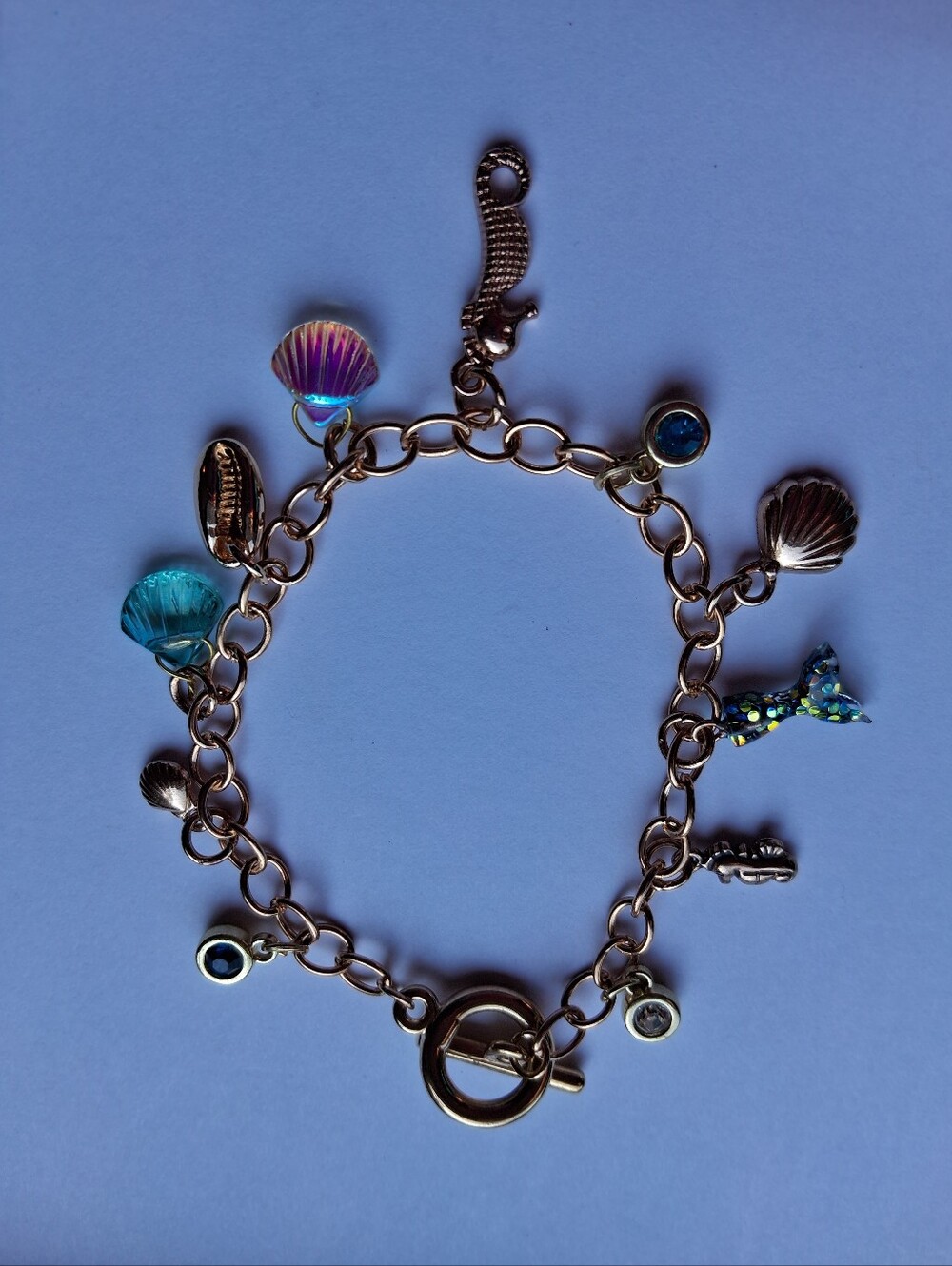 Sea Charm Shell Bracelet - Gold Tone with Blue and Purple Accents